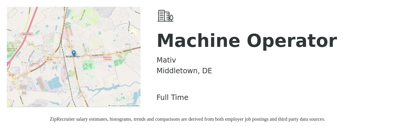 Mativ job posting for a Machine Operator in Middletown, DE with a salary of $16 to $19 Hourly with a map of Middletown location.