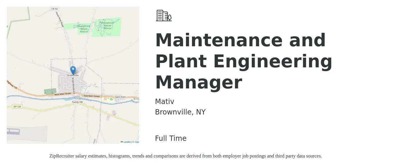 Mativ job posting for a Maintenance and Plant Engineering Manager in Brownville, NY with a salary of $79,000 to $134,400 Yearly with a map of Brownville location.