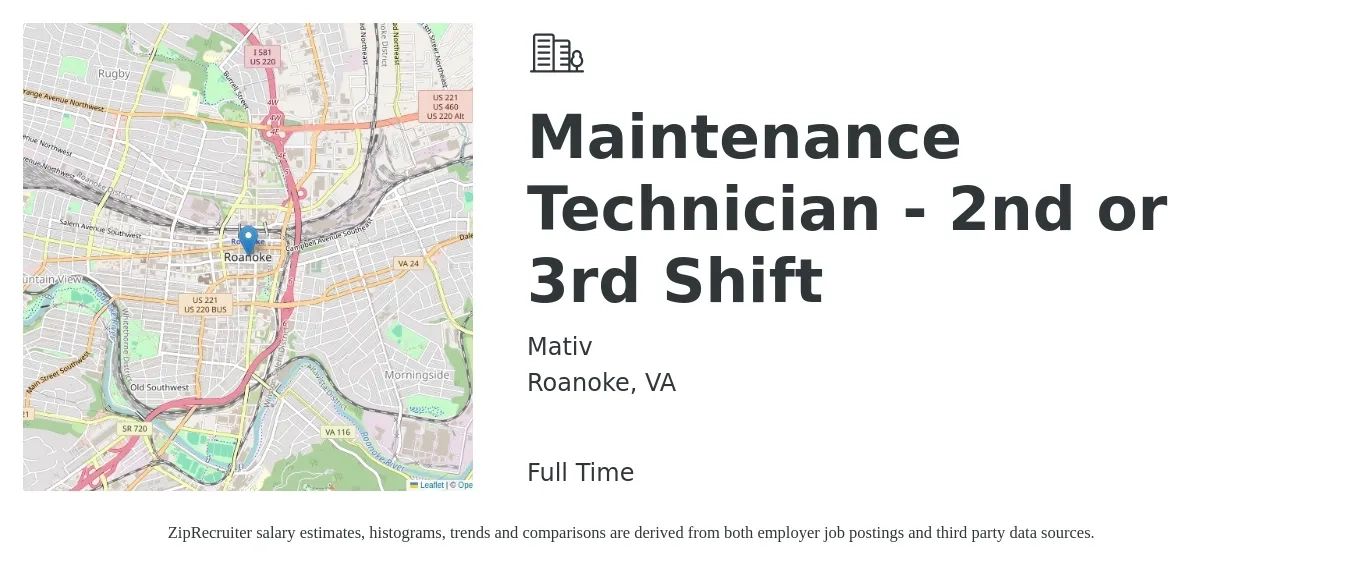 Mativ job posting for a Maintenance Technician - 2nd or 3rd Shift in Roanoke, VA with a salary of $19 to $26 Hourly with a map of Roanoke location.
