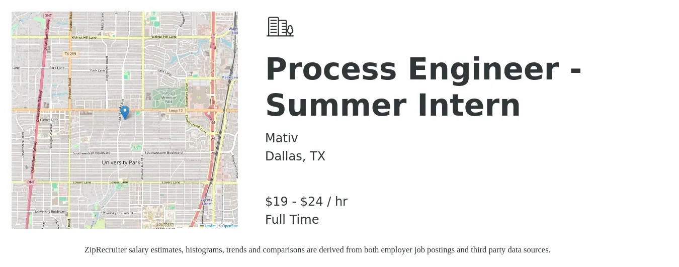Mativ job posting for a Process Engineer - Summer Intern in Dallas, TX with a salary of $20 to $25 Hourly with a map of Dallas location.
