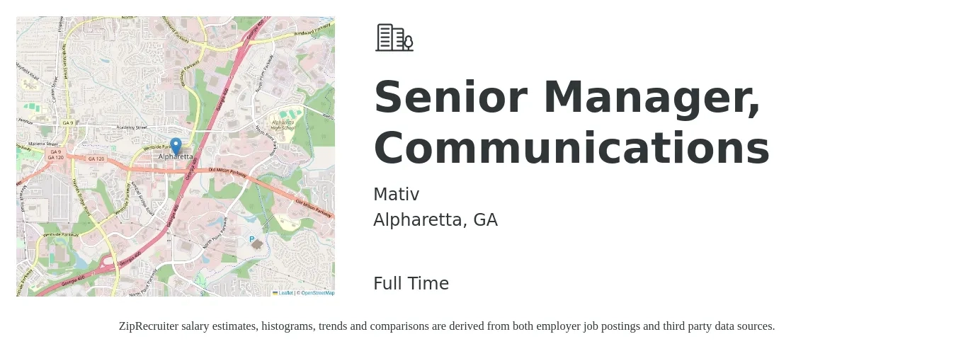 Mativ job posting for a Senior Manager, Communications in Alpharetta, GA with a salary of $64,400 to $95,200 Yearly with a map of Alpharetta location.