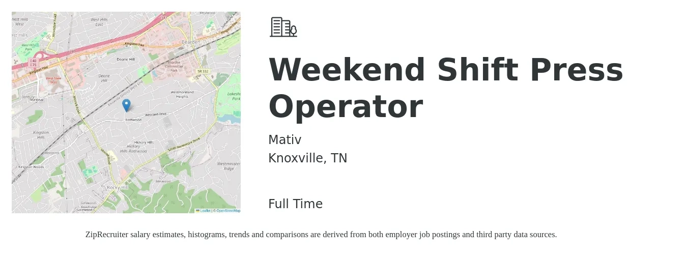 Mativ job posting for a Weekend Shift Press Operator in Knoxville, TN with a salary of $16 to $20 Hourly with a map of Knoxville location.