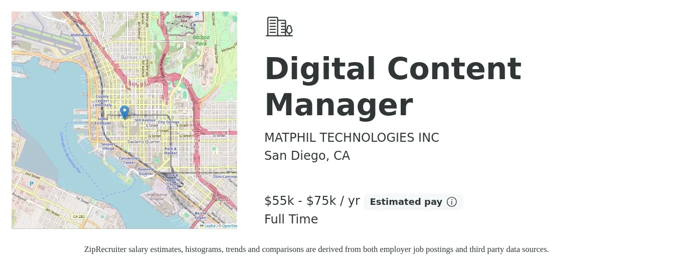 MATPHIL TECHNOLOGIES INC job posting for a Digital Content Manager in San Diego, CA with a salary of $55,000 to $75,000 Yearly with a map of San Diego location.