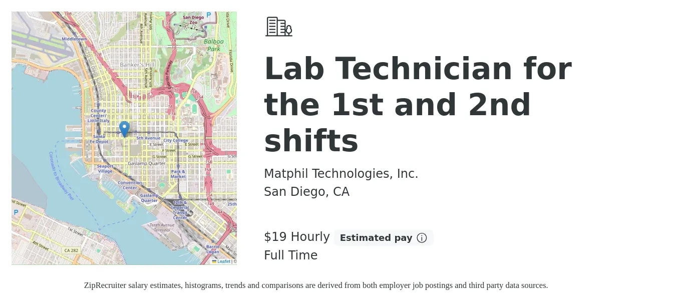 Matphil Technologies, Inc. job posting for a Lab Technician for the 1st and 2nd shifts in San Diego, CA with a salary of $20 Hourly with a map of San Diego location.
