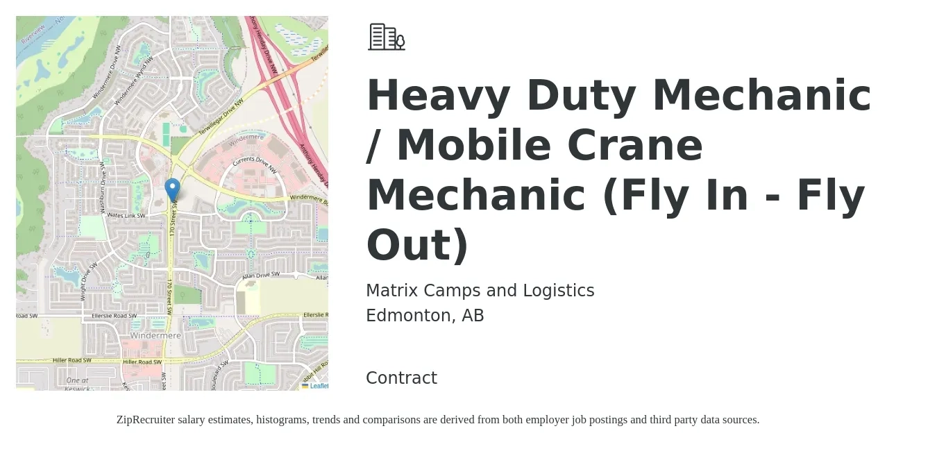 Matrix Camps and Logistics job posting for a Heavy Duty Mechanic / Mobile Crane Mechanic (Fly In - Fly Out) in Edmonton, AB with a salary of $700 to $800 Daily with a map of Edmonton location.