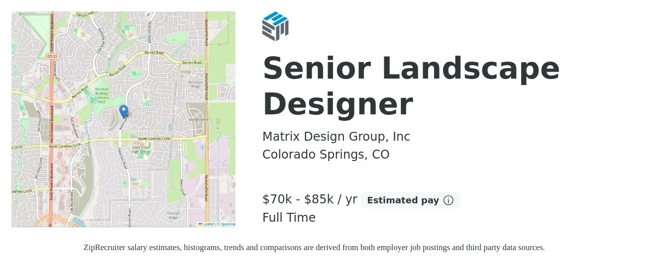 Matrix Design Group, Inc job posting for a Senior Landscape Designer in Colorado Springs, CO with a salary of $70,000 to $85,000 Yearly with a map of Colorado Springs location.