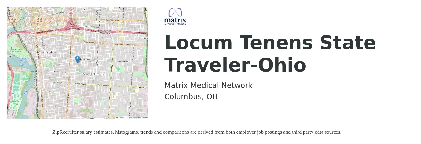 Matrix Medical Network job posting for a Locum Tenens State Traveler-Ohio in Columbus, OH with a salary of $90,300 to $121,700 Yearly with a map of Columbus location.