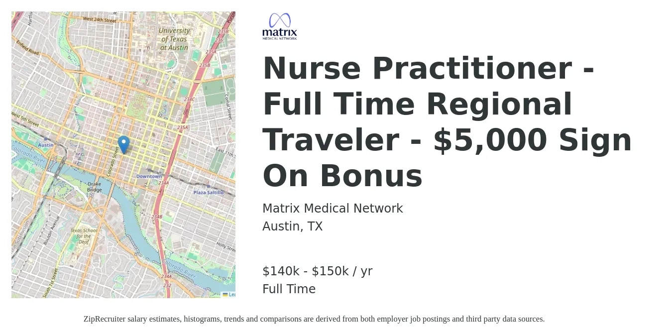 Matrix Medical Network job posting for a Nurse Practitioner - Full Time Regional Traveler - $5,000 Sign On Bonus in Austin, TX with a salary of $140,000 to $150,000 Yearly with a map of Austin location.