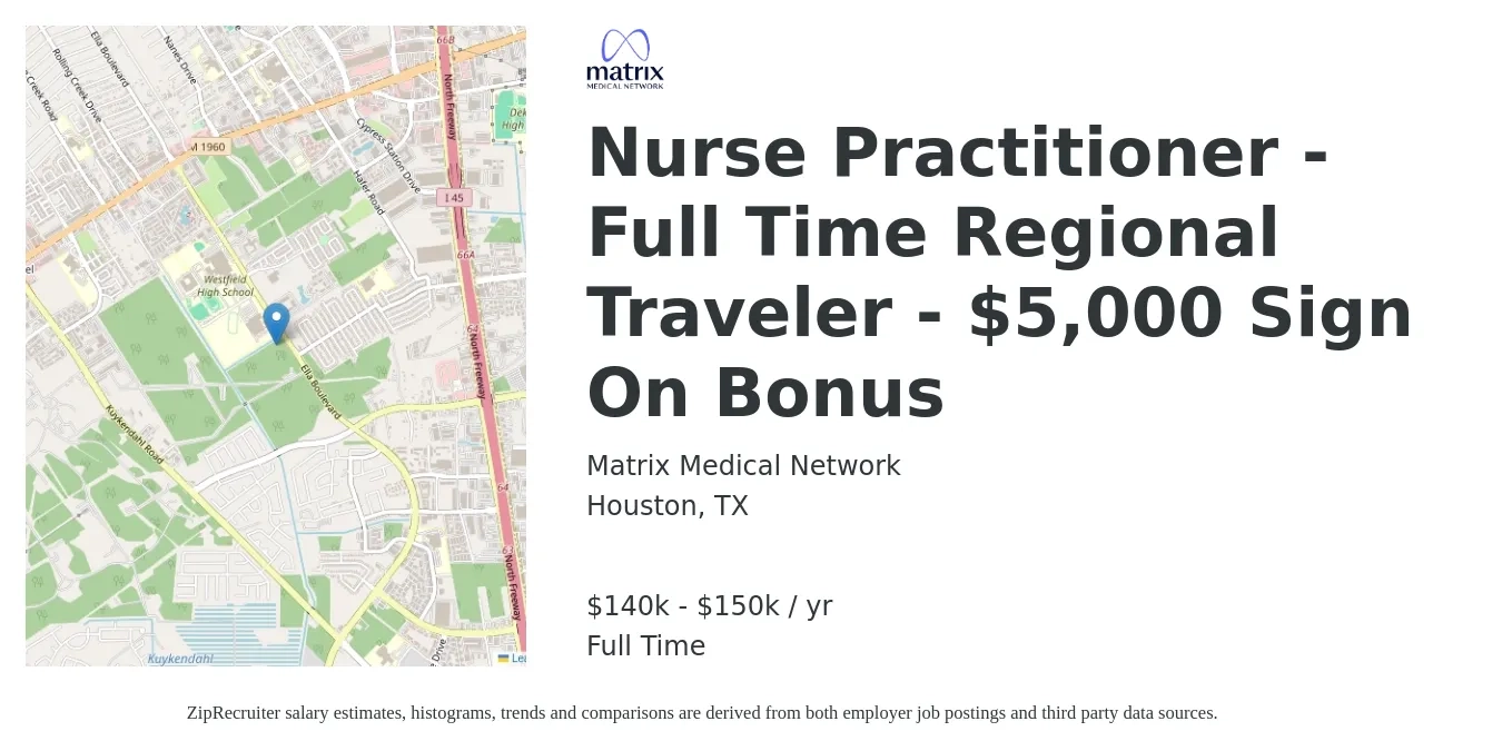 Matrix Medical Network job posting for a Nurse Practitioner - Full Time Regional Traveler - $5,000 Sign On Bonus in Houston, TX with a salary of $140,000 to $150,000 Yearly with a map of Houston location.