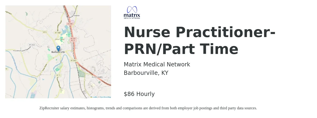 Matrix Medical Network job posting for a Nurse Practitioner- PRN/Part Time in Barbourville, KY with a salary of $90 Hourly with a map of Barbourville location.