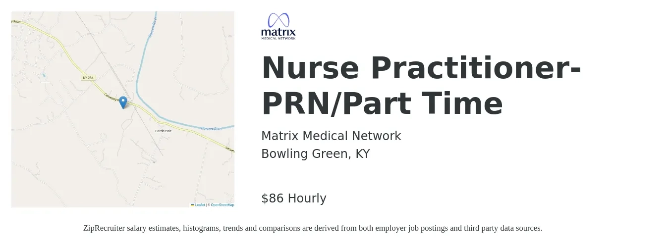 Matrix Medical Network job posting for a Nurse Practitioner- PRN/Part Time in Bowling Green, KY with a salary of $90 Hourly with a map of Bowling Green location.