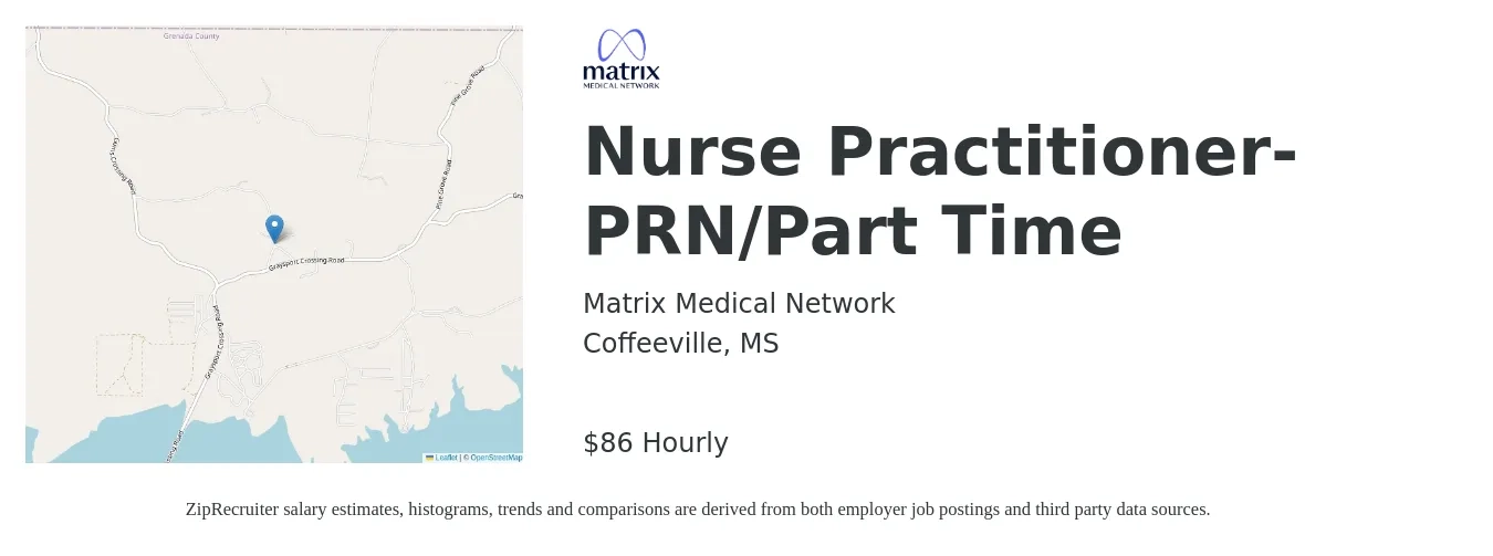 Matrix Medical Network job posting for a Nurse Practitioner- PRN/Part Time in Coffeeville, MS with a salary of $90 Hourly with a map of Coffeeville location.