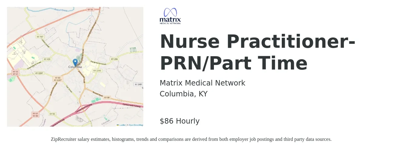 Matrix Medical Network job posting for a Nurse Practitioner- PRN/Part Time in Columbia, KY with a salary of $90 Hourly with a map of Columbia location.