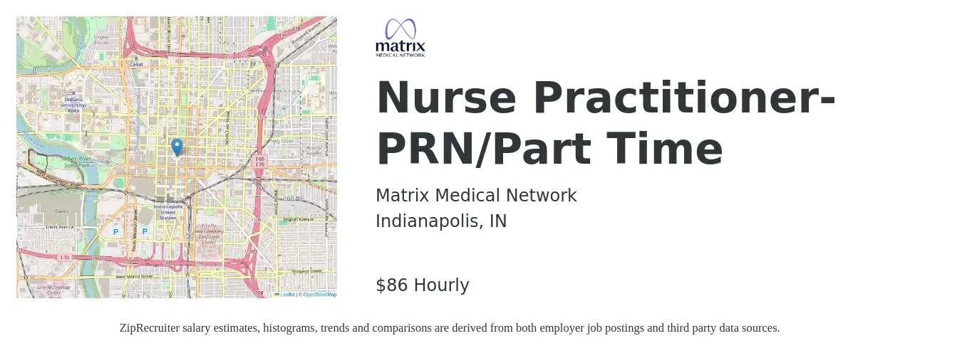 Matrix Medical Network job posting for a Nurse Practitioner- PRN/Part Time in Indianapolis, IN with a salary of $90 Hourly with a map of Indianapolis location.