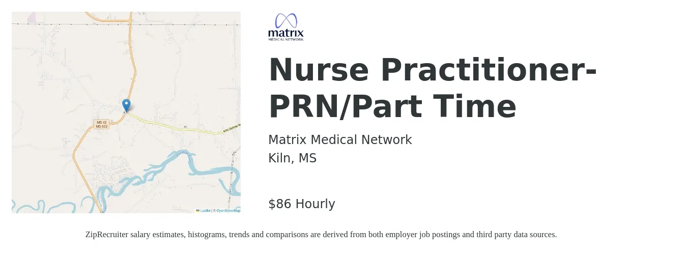 Matrix Medical Network job posting for a Nurse Practitioner- PRN/Part Time in Kiln, MS with a salary of $90 Hourly with a map of Kiln location.