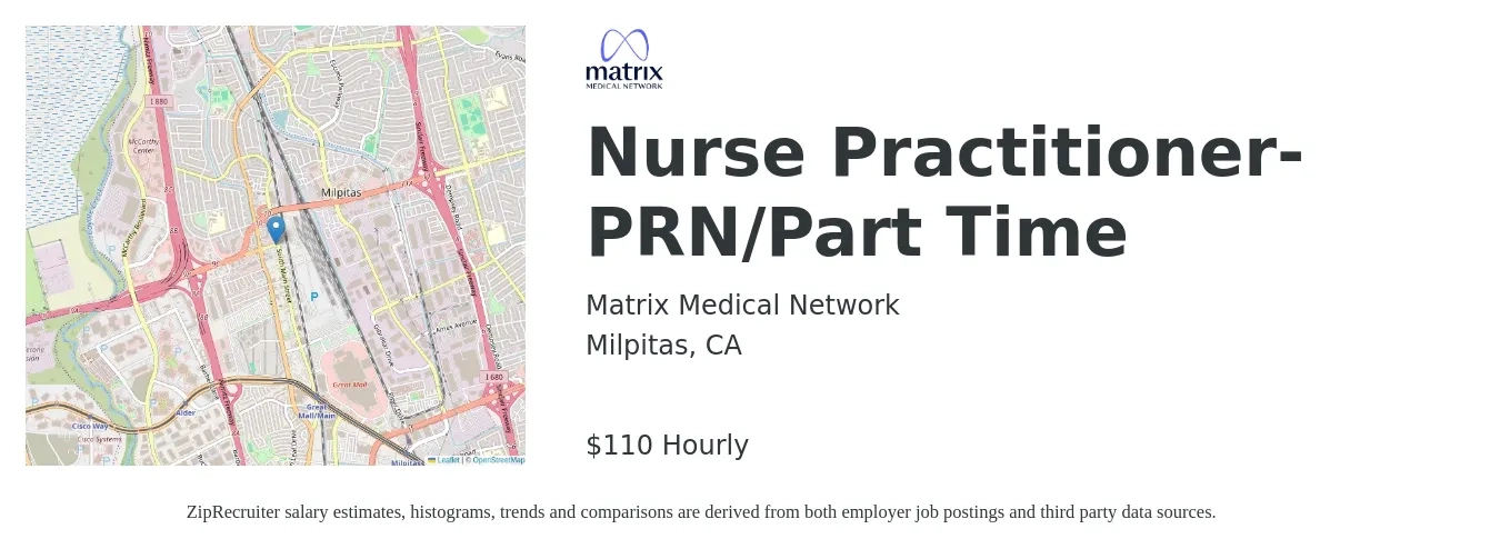 Matrix Medical Network job posting for a Nurse Practitioner- PRN/Part Time in Milpitas, CA with a salary of $115 Hourly with a map of Milpitas location.