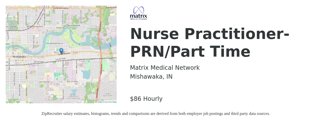 Matrix Medical Network job posting for a Nurse Practitioner- PRN/Part Time in Mishawaka, IN with a salary of $90 Hourly with a map of Mishawaka location.