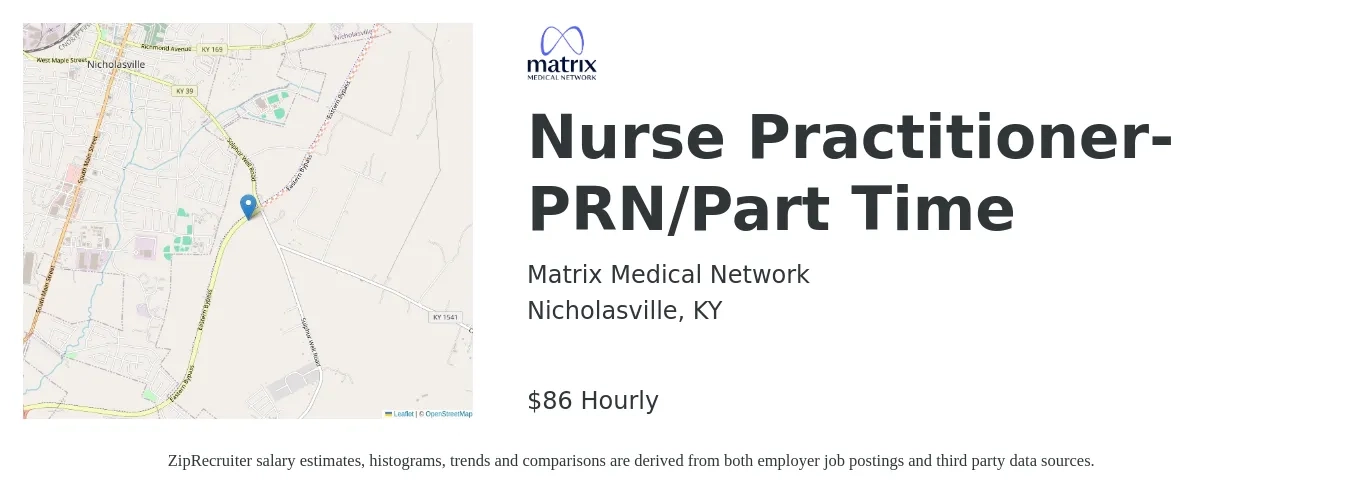 Matrix Medical Network job posting for a Nurse Practitioner- PRN/Part Time in Nicholasville, KY with a salary of $90 Hourly with a map of Nicholasville location.