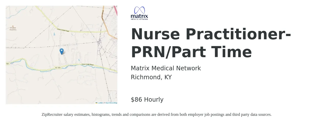 Matrix Medical Network job posting for a Nurse Practitioner- PRN/Part Time in Richmond, KY with a salary of $90 Hourly with a map of Richmond location.