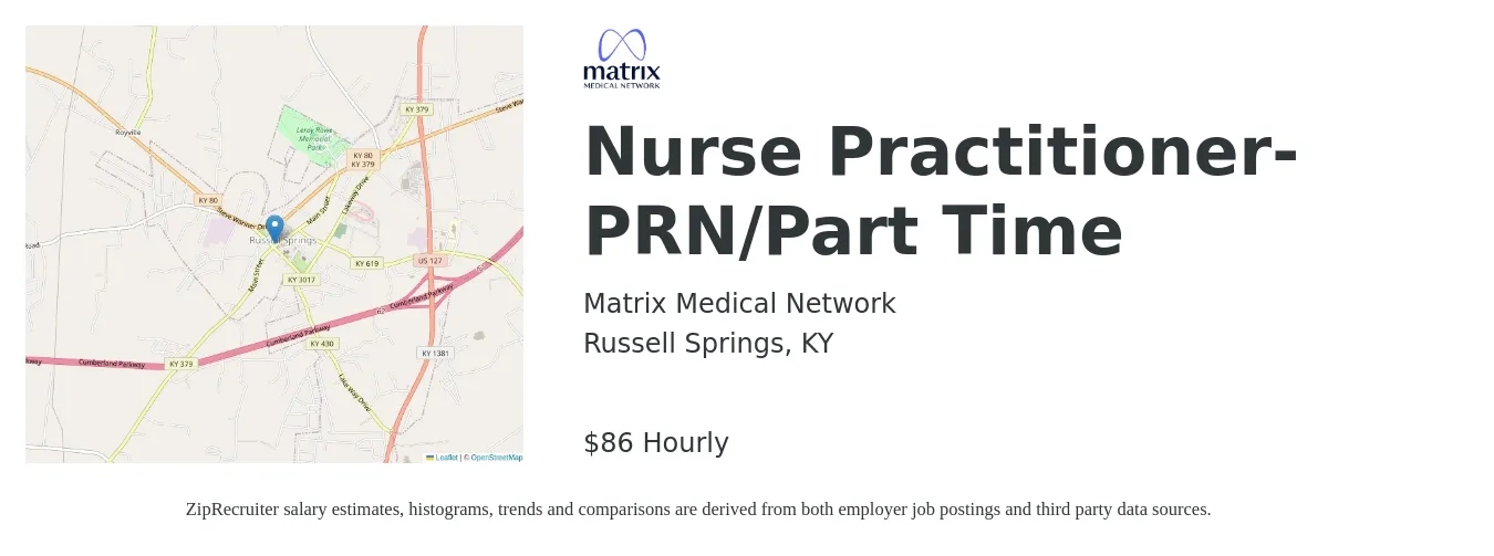 Matrix Medical Network job posting for a Nurse Practitioner- PRN/Part Time in Russell Springs, KY with a salary of $90 Hourly with a map of Russell Springs location.