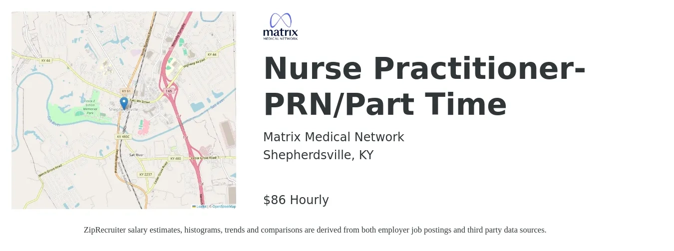 Matrix Medical Network job posting for a Nurse Practitioner- PRN/Part Time in Shepherdsville, KY with a salary of $90 Hourly with a map of Shepherdsville location.