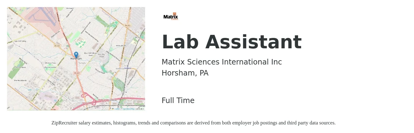 Matrix Sciences International Inc job posting for a Lab Assistant in Horsham, PA with a salary of $17 to $24 Hourly with a map of Horsham location.