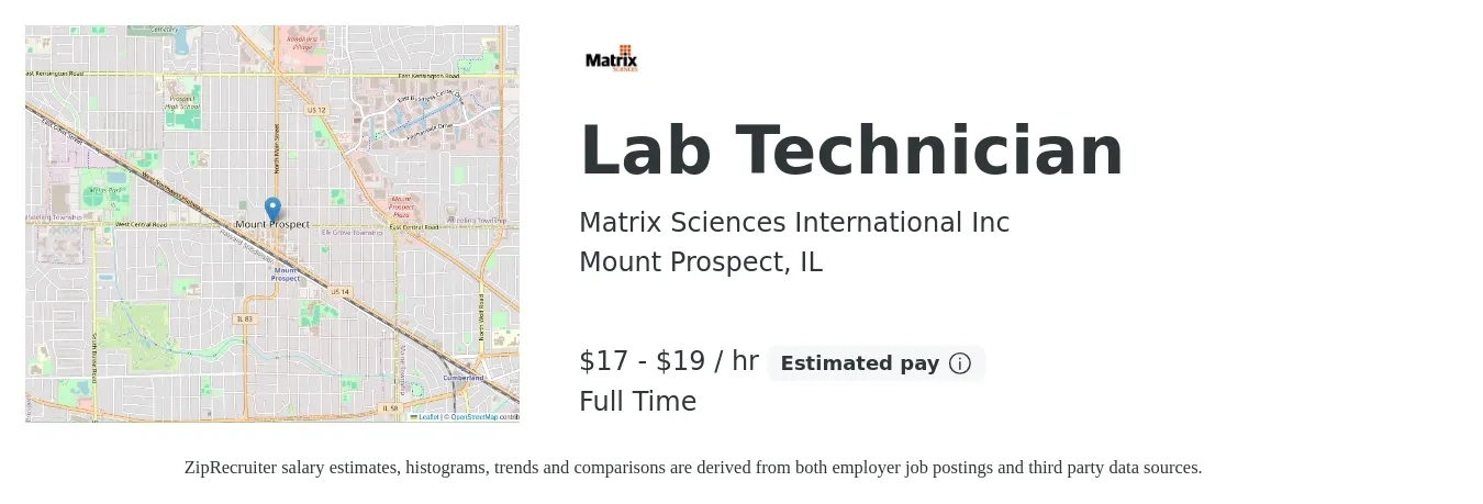 Matrix Sciences International Inc job posting for a Lab Technician in Mount Prospect, IL with a salary of $18 to $20 Hourly with a map of Mount Prospect location.