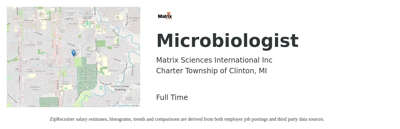 Matrix Sciences International Inc job posting for a Microbiologist in Charter Township of Clinton, MI with a salary of $47,600 to $76,700 Yearly with a map of Charter Township of Clinton location.