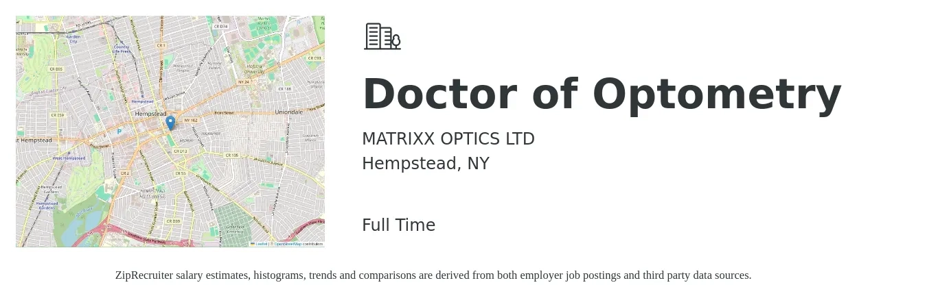 MATRIXX OPTICS LTD job posting for a Doctor of Optometry in Hempstead, NY with a salary of $480 to $600 Daily with a map of Hempstead location.