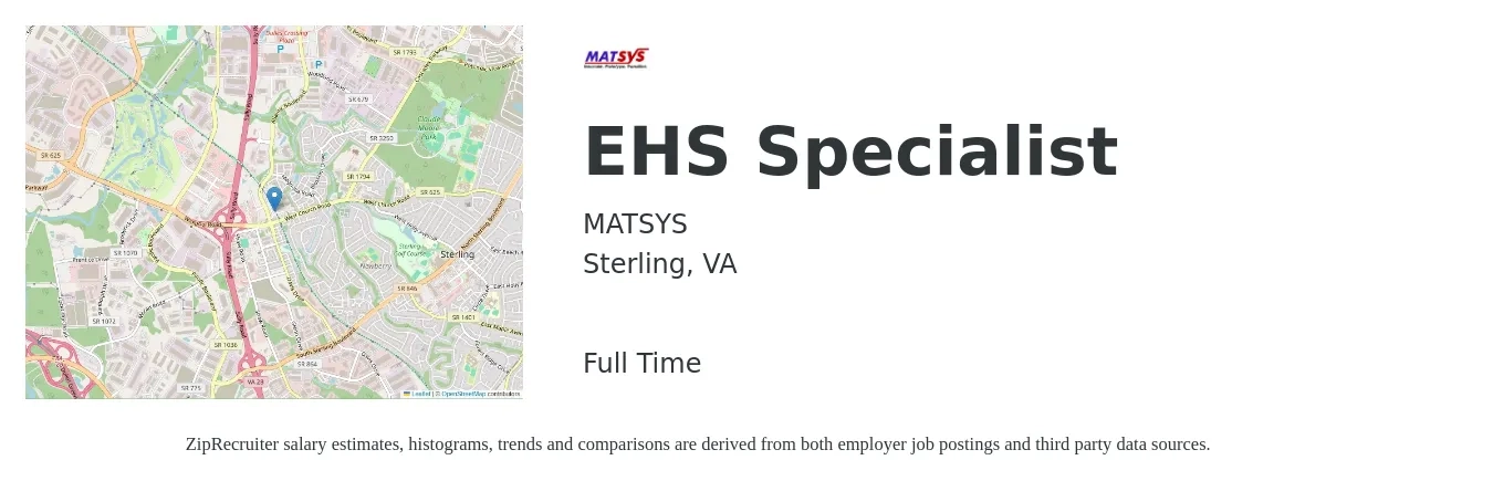 MATSYS job posting for a EHS Specialist in Sterling, VA with a salary of $74,400 to $117,700 Yearly with a map of Sterling location.