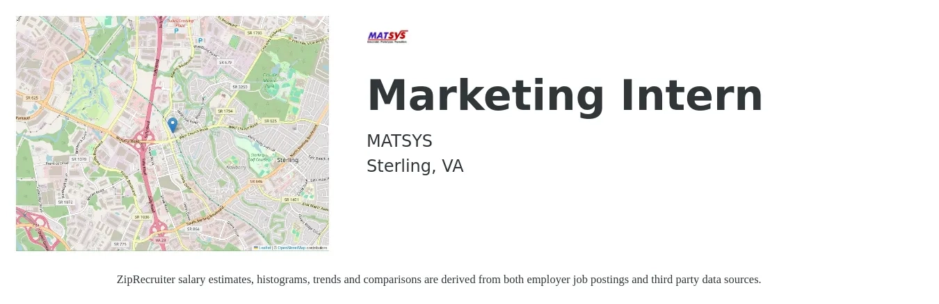 MATSYS job posting for a Marketing Intern in Sterling, VA with a salary of $18 to $20 Hourly with a map of Sterling location.