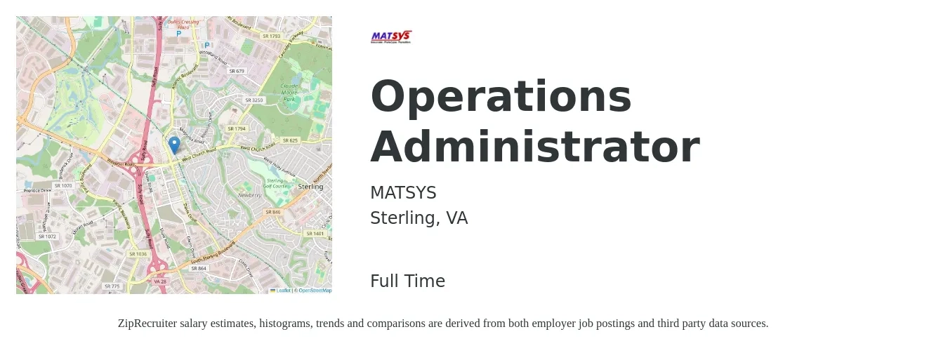 MATSYS job posting for a Operations Administrator in Sterling, VA with a salary of $31 to $44 Hourly with a map of Sterling location.