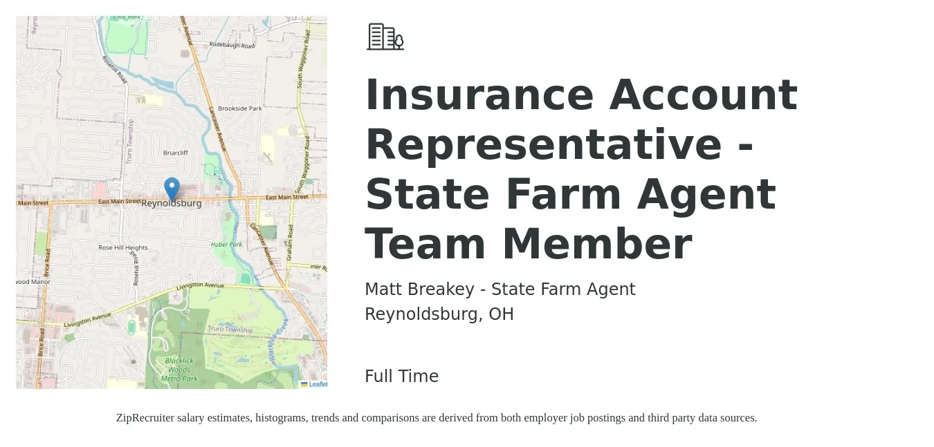 Matt Breakey - State Farm Agent job posting for a Insurance Account Representative - State Farm Agent Team Member in Reynoldsburg, OH with a salary of $36,600 to $50,300 Yearly with a map of Reynoldsburg location.