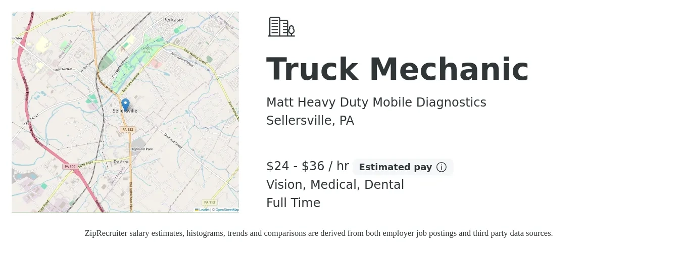 Matt Heavy Duty Mobile Diagnostics job posting for a Truck Mechanic in Sellersville, PA with a salary of $25 to $38 Hourly and benefits including medical, 401k, and dental with a map of Sellersville location.