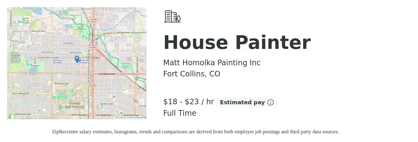 Matt Homolka Painting Inc job posting for a House Painter in Fort Collins, CO with a salary of $19 to $24 Hourly and benefits including pto with a map of Fort Collins location.
