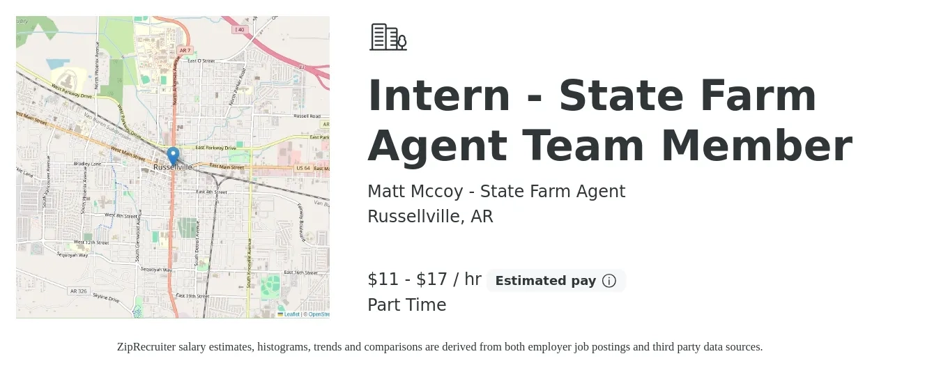 Matt Mccoy - State Farm Agent job posting for a Intern - State Farm Agent Team Member in Russellville, AR with a salary of $12 to $18 Hourly with a map of Russellville location.