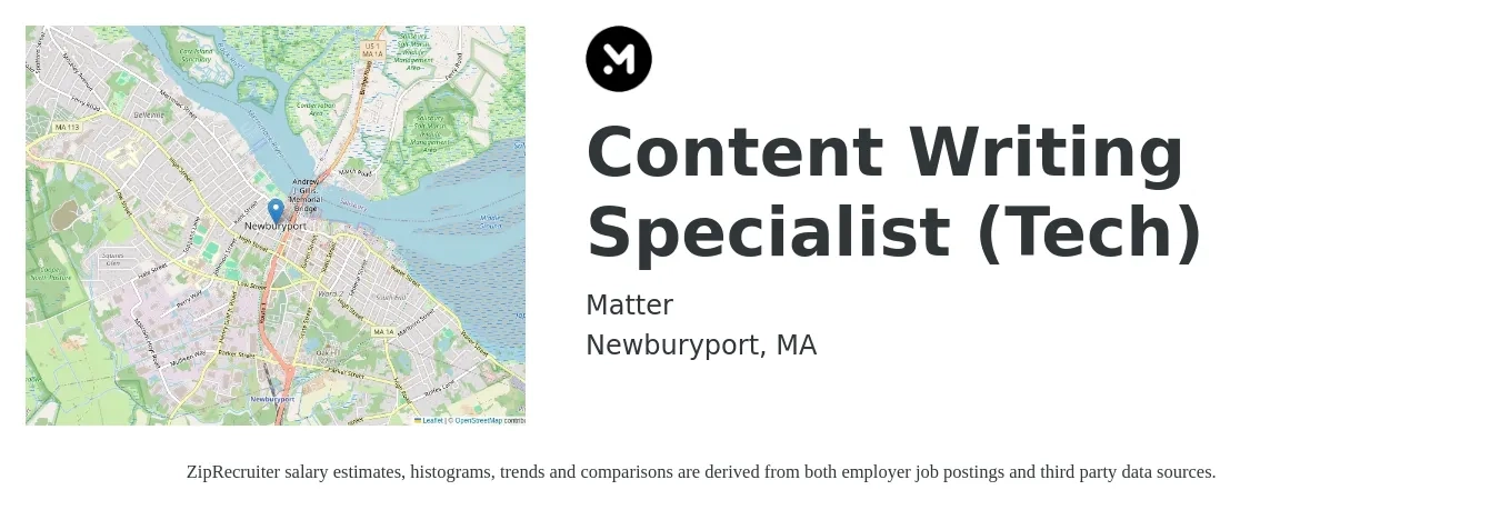 Matter job posting for a Content Writing Specialist (Tech) in Newburyport, MA with a salary of $24 to $39 Hourly with a map of Newburyport location.