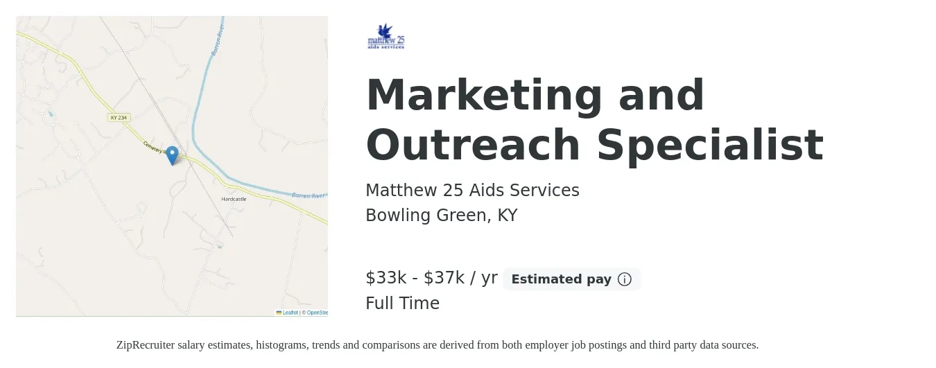 Matthew 25 Aids Services job posting for a Marketing and Outreach Specialist in Bowling Green, KY with a salary of $33,000 to $37,000 Yearly with a map of Bowling Green location.