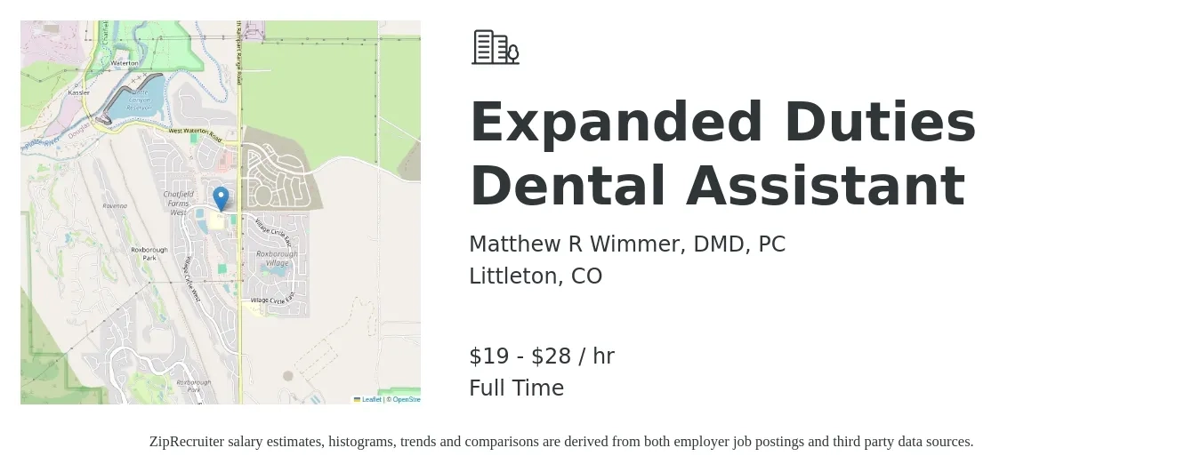 Matthew R Wimmer, DMD, PC job posting for a Expanded Duties Dental Assistant in Littleton, CO with a salary of $20 to $30 Hourly with a map of Littleton location.
