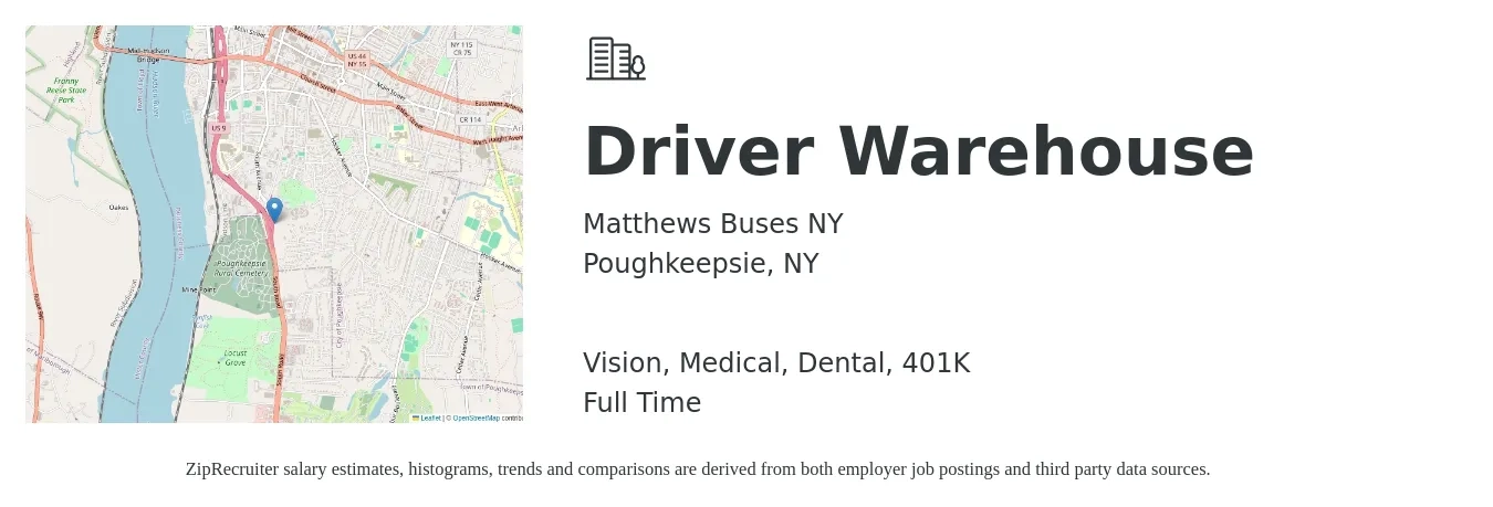 Matthews Buses NY job posting for a Driver Warehouse in Poughkeepsie, NY with a salary of $17 to $20 Hourly and benefits including 401k, dental, life_insurance, medical, and vision with a map of Poughkeepsie location.