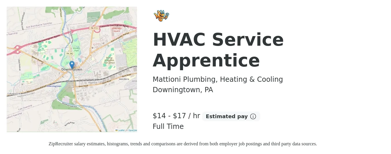 Mattioni Plumbing, Heating & Cooling job posting for a HVAC Service Apprentice in Downingtown, PA with a salary of $15 to $19 Hourly with a map of Downingtown location.