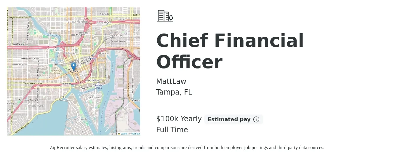 MattLaw job posting for a Chief Financial Officer in Tampa, FL with a salary of $100,000 Yearly with a map of Tampa location.