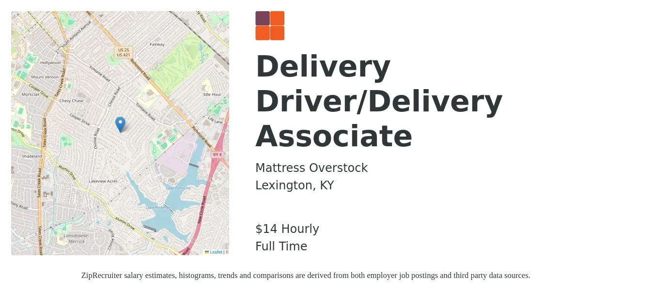 Mattress Overstock job posting for a Delivery Driver/Delivery Associate in Lexington, KY with a salary of $15 Hourly with a map of Lexington location.
