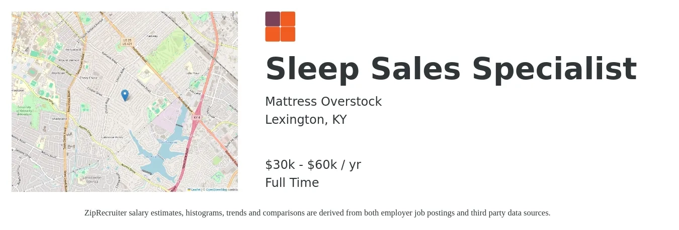 Mattress Overstock job posting for a Sleep Sales Specialist in Lexington, KY with a salary of $30,000 to $60,000 Yearly with a map of Lexington location.
