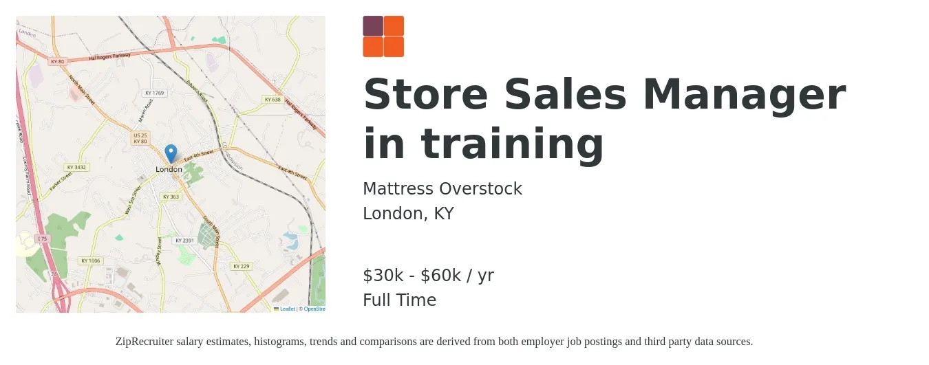 Mattress Overstock job posting for a Store Sales Manager in training in London, KY with a salary of $30,000 to $60,000 Yearly with a map of London location.