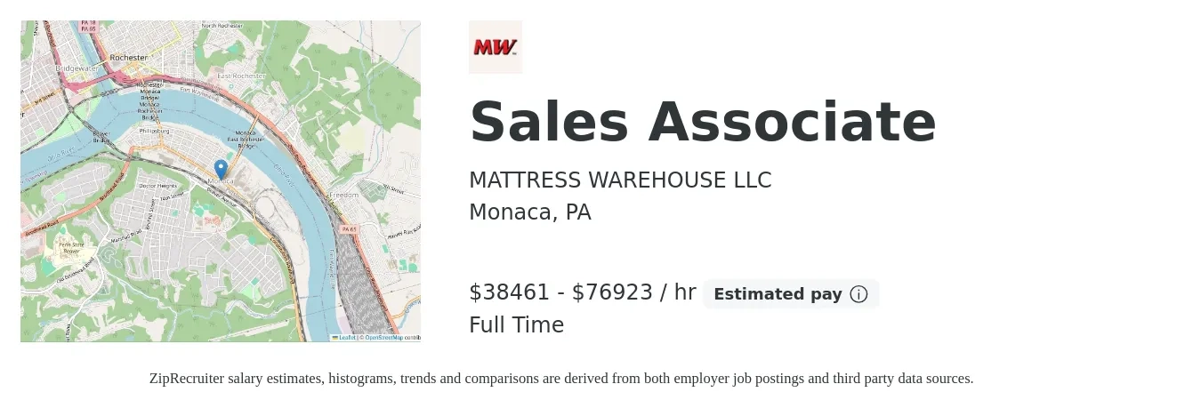 Mattress Warehouse LLC job posting for a Sales Associate in Monaca, PA with a salary of $40,000 to $80,000 Hourly with a map of Monaca location.