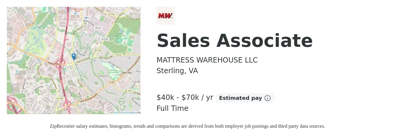 MATTRESS WAREHOUSE LLC job posting for a Sales Associate in Sterling, VA with a salary of $40,000 to $70,000 Yearly with a map of Sterling location.