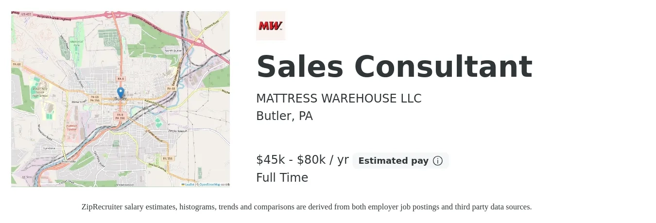 Mattress Warehouse LLC job posting for a Sales Consultant in Butler, PA with a salary of $45,000 to $80,000 Yearly with a map of Butler location.