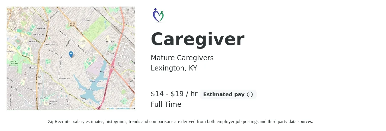 Mature Caregivers job posting for a Caregiver in Lexington, KY with a salary of $15 to $20 Hourly with a map of Lexington location.