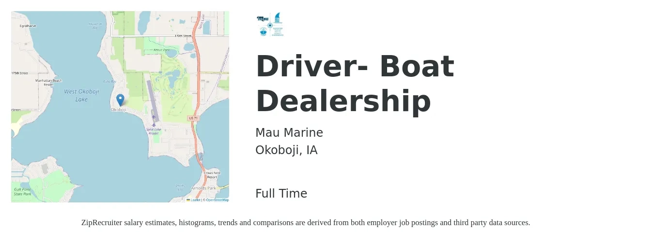 Mau Marine job posting for a Driver- Boat Dealership in Okoboji, IA with a salary of $14 to $17 Hourly with a map of Okoboji location.